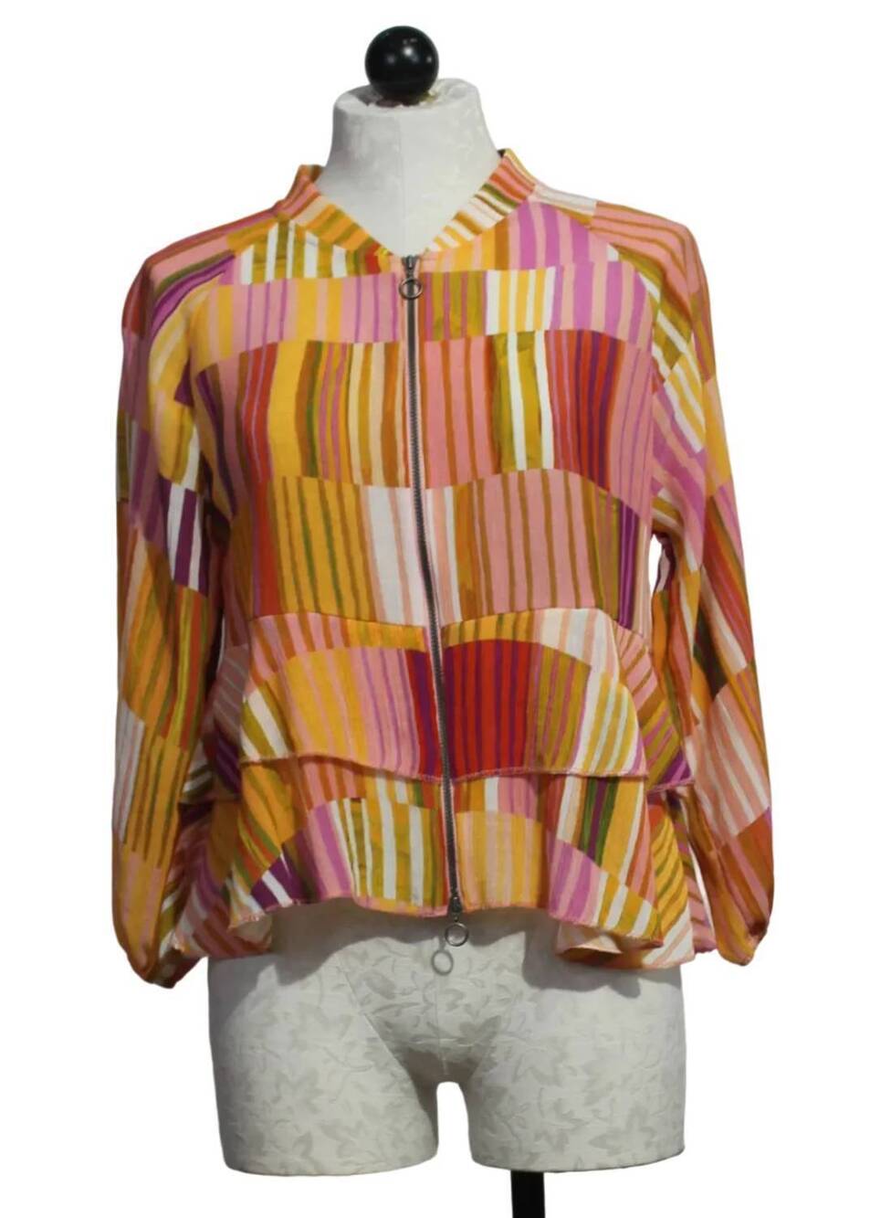 NEW ALDO MARTINS women's zip front striped jacket with tiered ruffle bottom in m